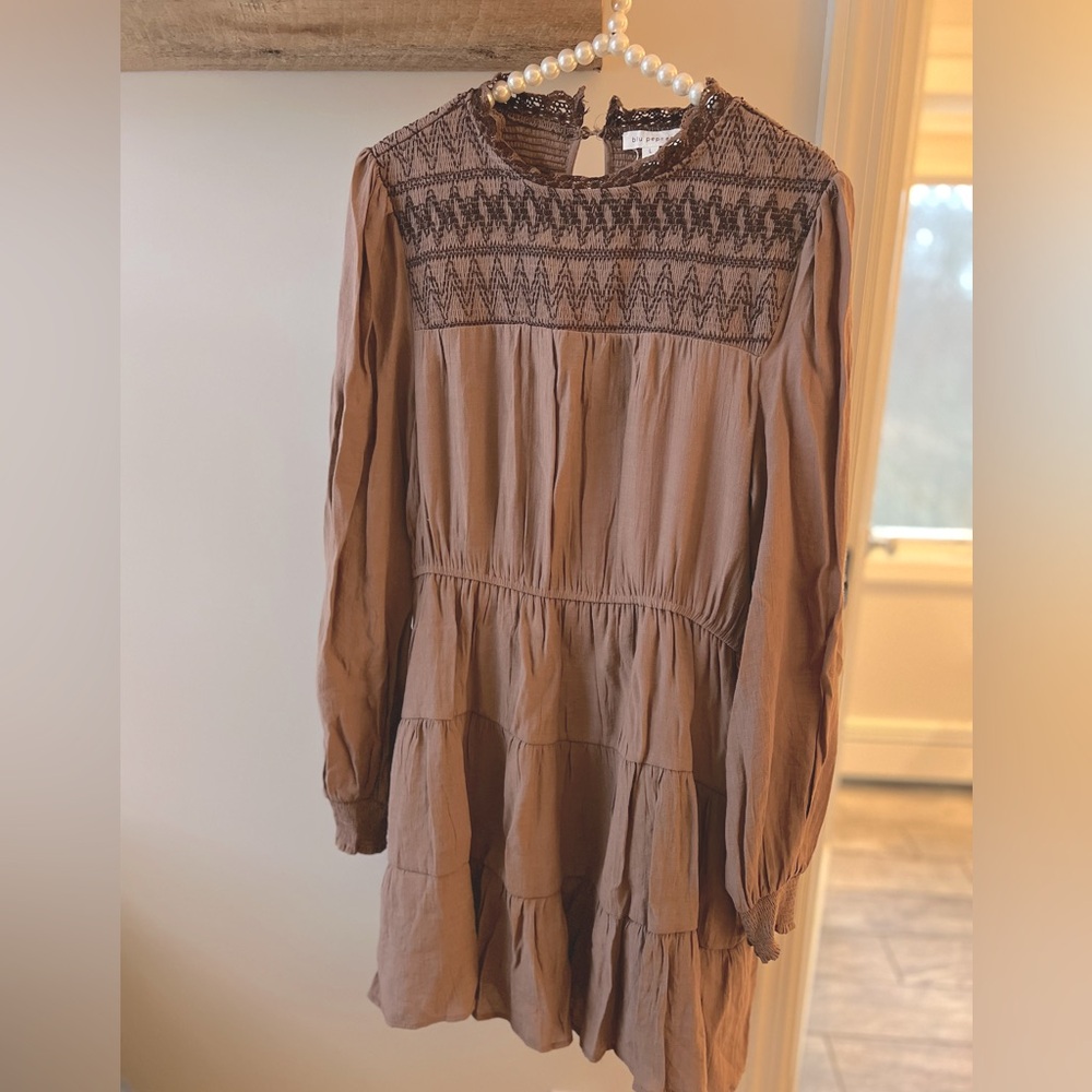 Blu Pepper Brown Tiered Midi Dress with Smocked Yoke